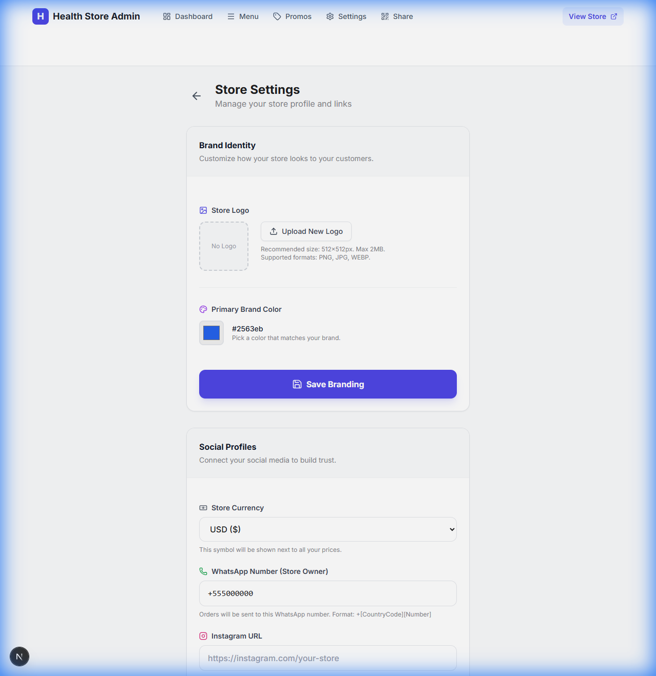 Admin settings showing Brand Identity section